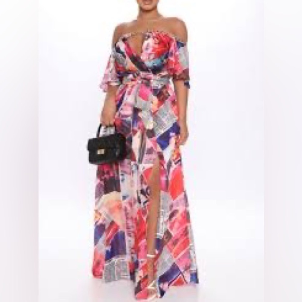 FASHION NOVA HIGH SLIT MULTICOLOR MAXI DRESS!
